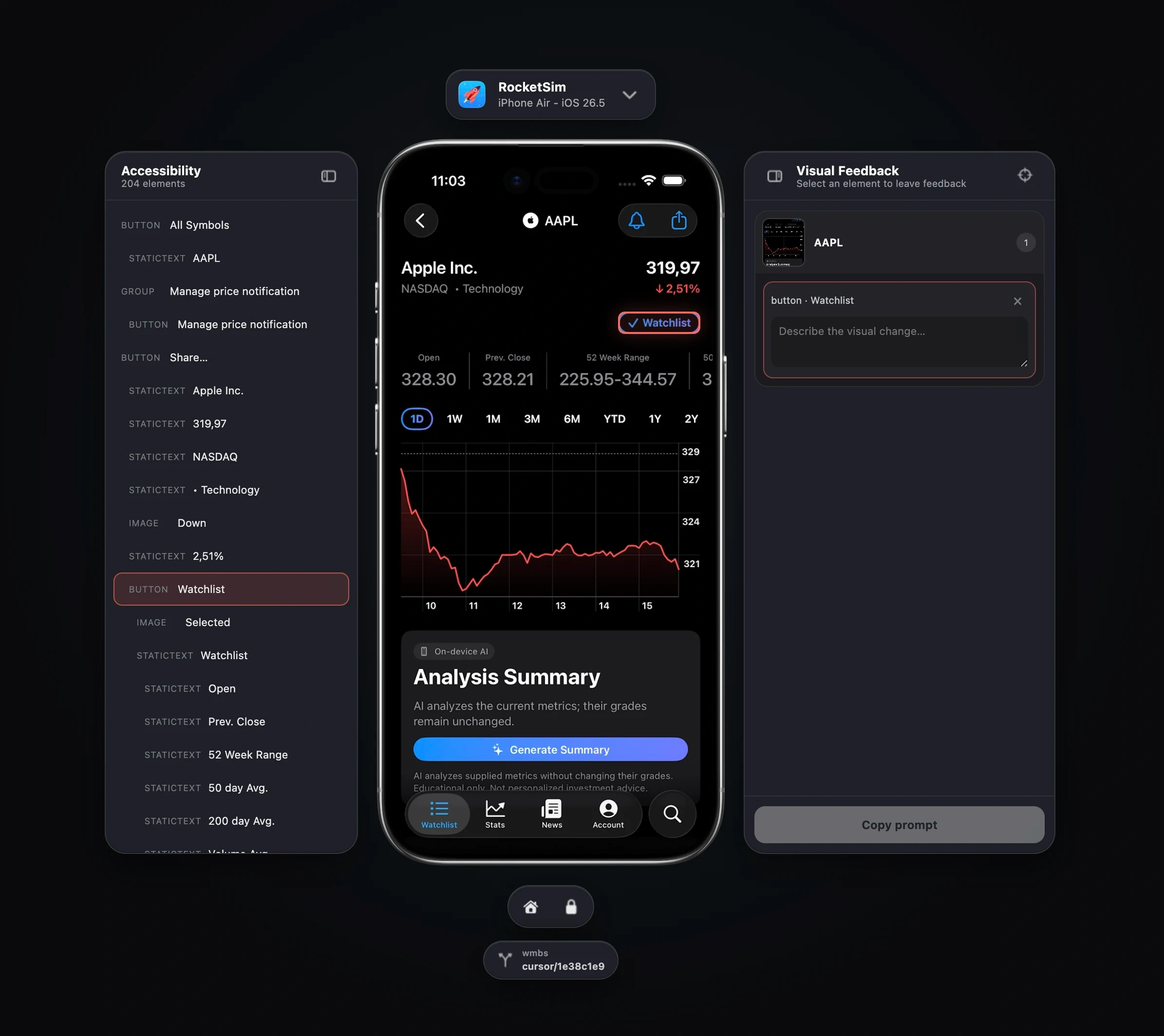 RocketSim Browser Preview showing an accessibility tree, a live iPhone Simulator