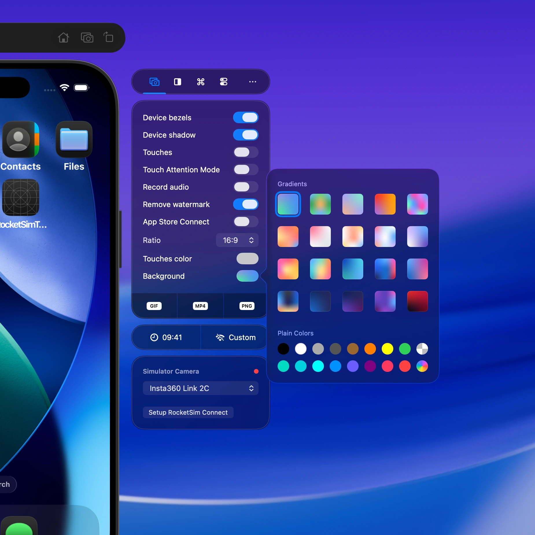 Create professional recordings and screenshots with device bezels, touch indicat