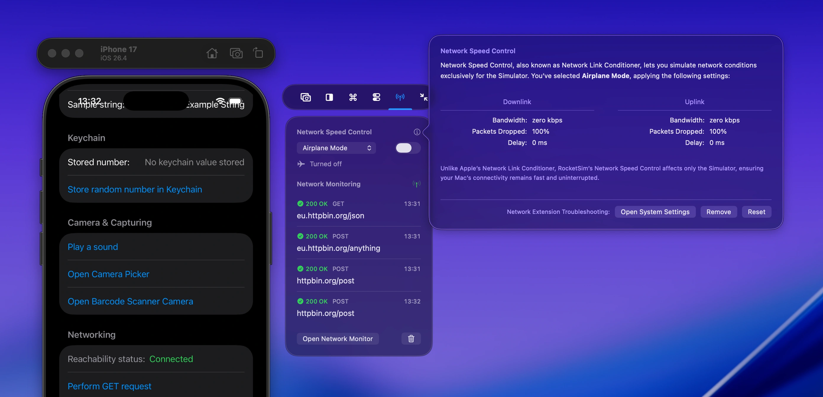 RocketSim panel that shows a dropdown for network speed control. A popup is show