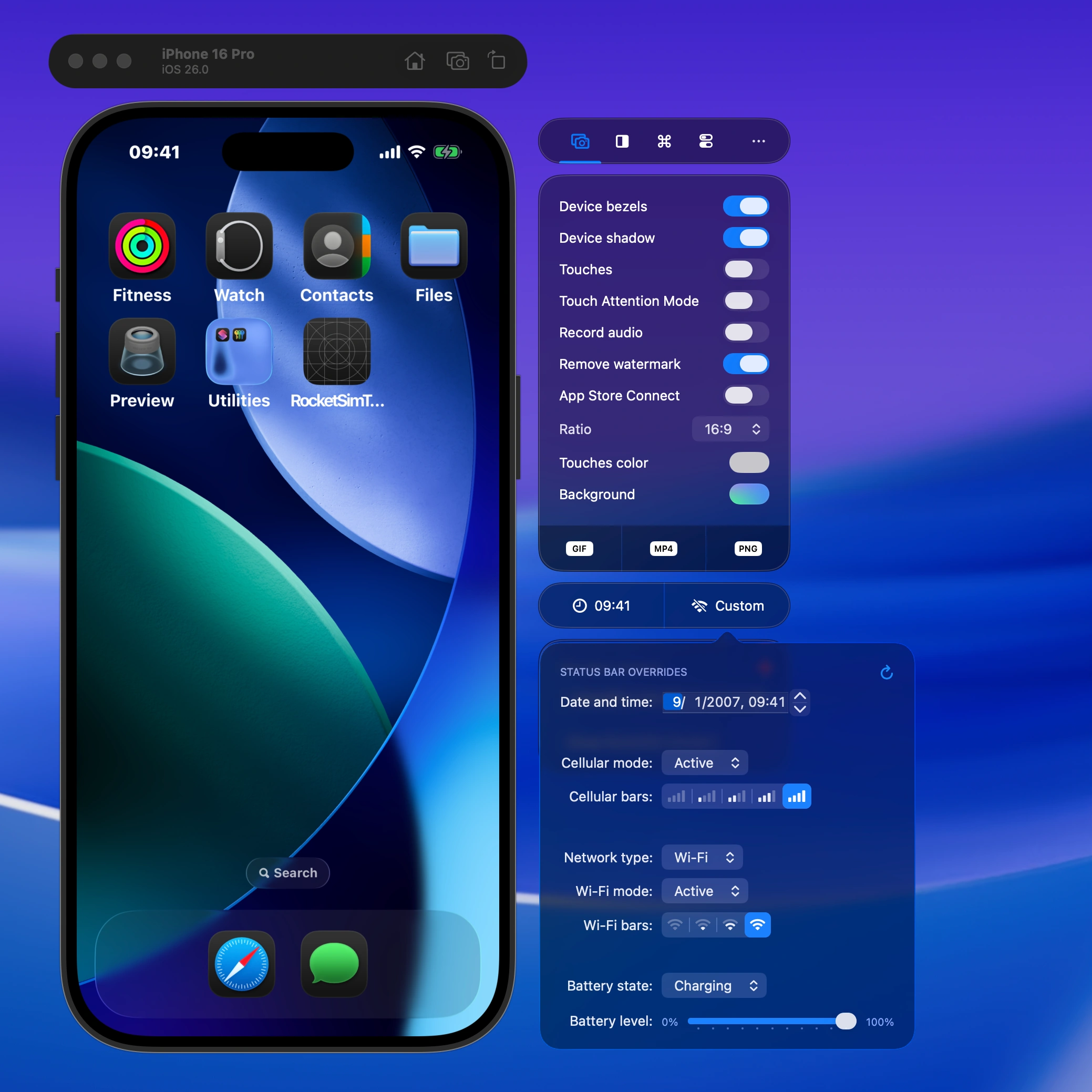Customize the Simulator Status Bar and use any time, battery status, and more