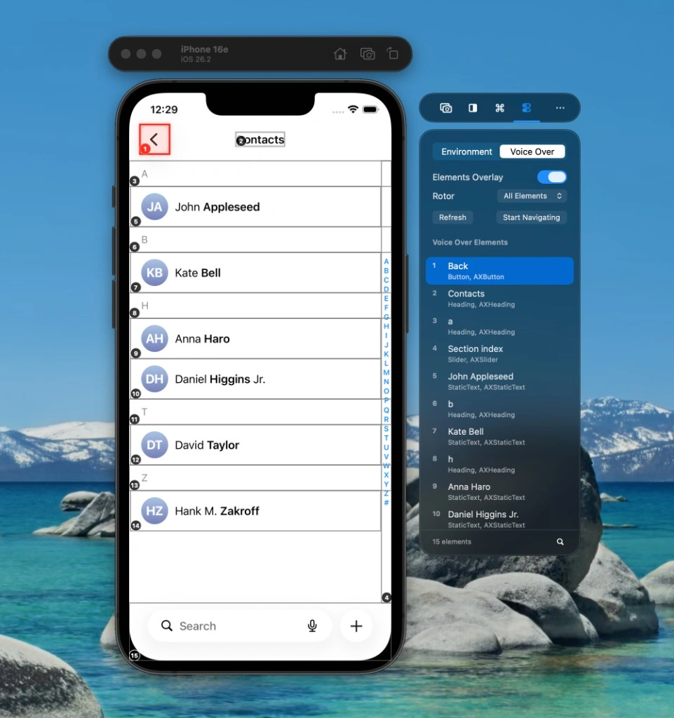 VoiceOver Navigator showing numbered accessibility elements overlaid on the Simu